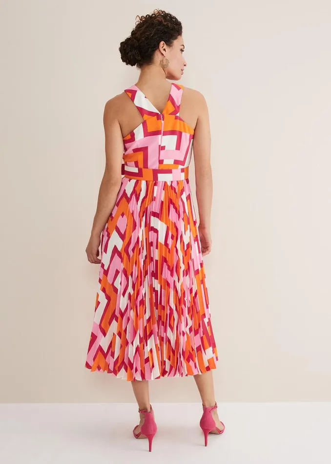 Women Phase Eight Day Dresses Yas Abstract Halterneck Midi Dress Pinkorange