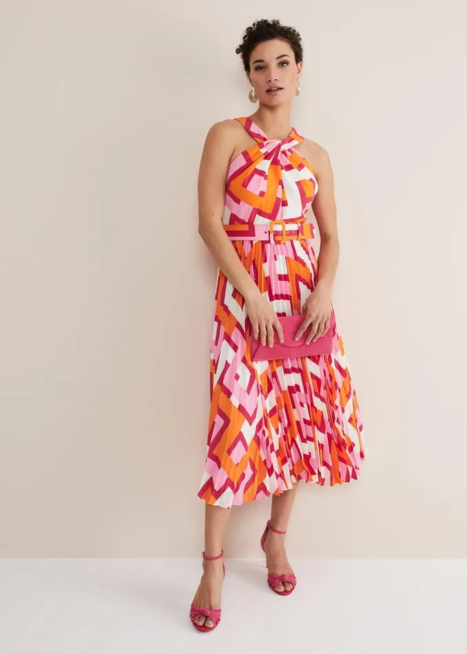 Women Phase Eight Day Dresses Yas Abstract Halterneck Midi Dress Pinkorange