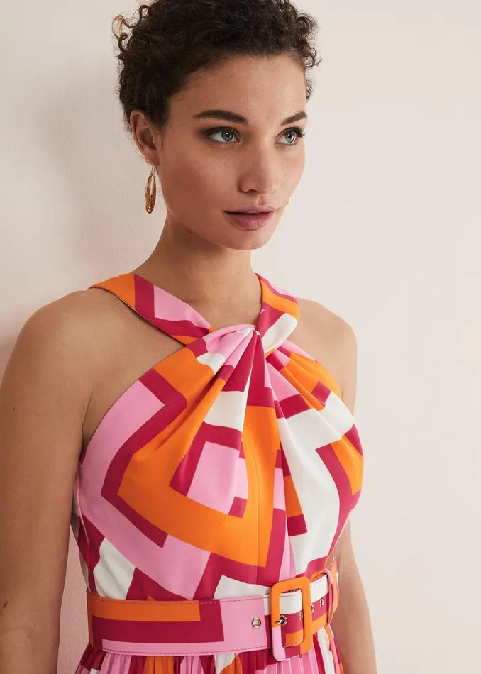 Women Phase Eight Day Dresses Yas Abstract Halterneck Midi Dress Pinkorange