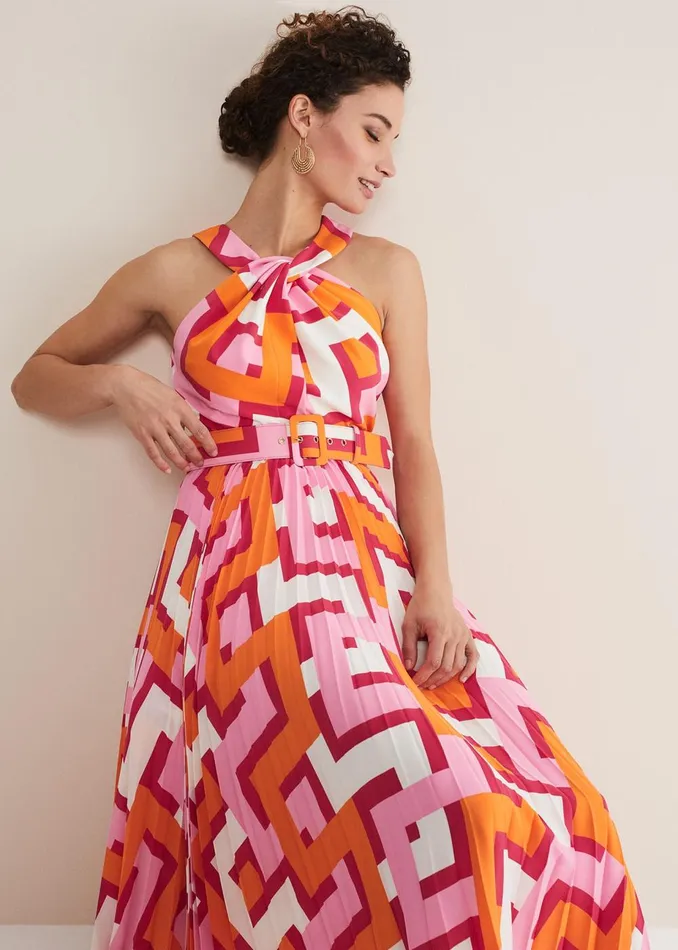 Women Phase Eight Day Dresses Yas Abstract Halterneck Midi Dress Pinkorange