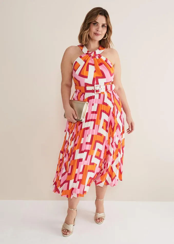 Women Phase Eight Day Dresses Yas Abstract Halterneck Midi Dress Pinkorange