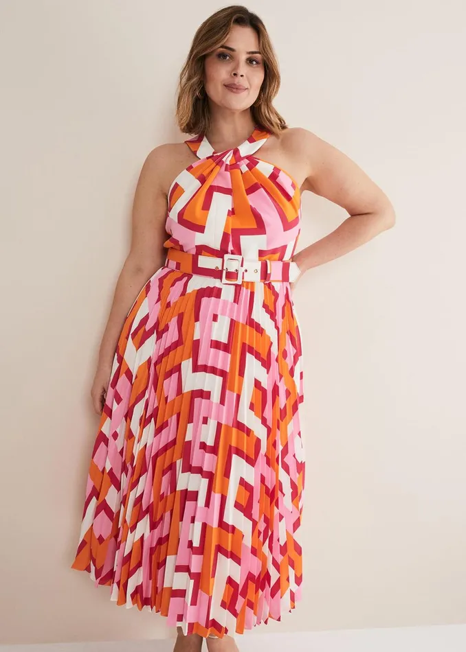 Women Phase Eight Day Dresses Yas Abstract Halterneck Midi Dress Pinkorange
