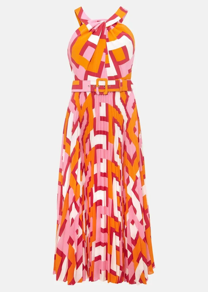 Women Phase Eight Day Dresses Yas Abstract Halterneck Midi Dress Pinkorange
