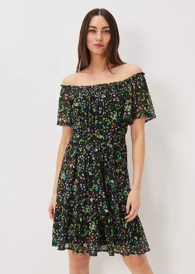 Women Phase Eight Day Dresses Zaylah Shirred Floral Mesh Dress Blackmulti