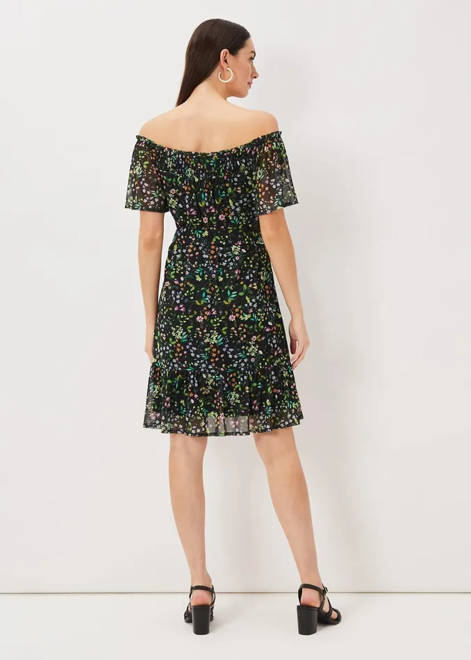 Women Phase Eight Day Dresses Zaylah Shirred Floral Mesh Dress Blackmulti