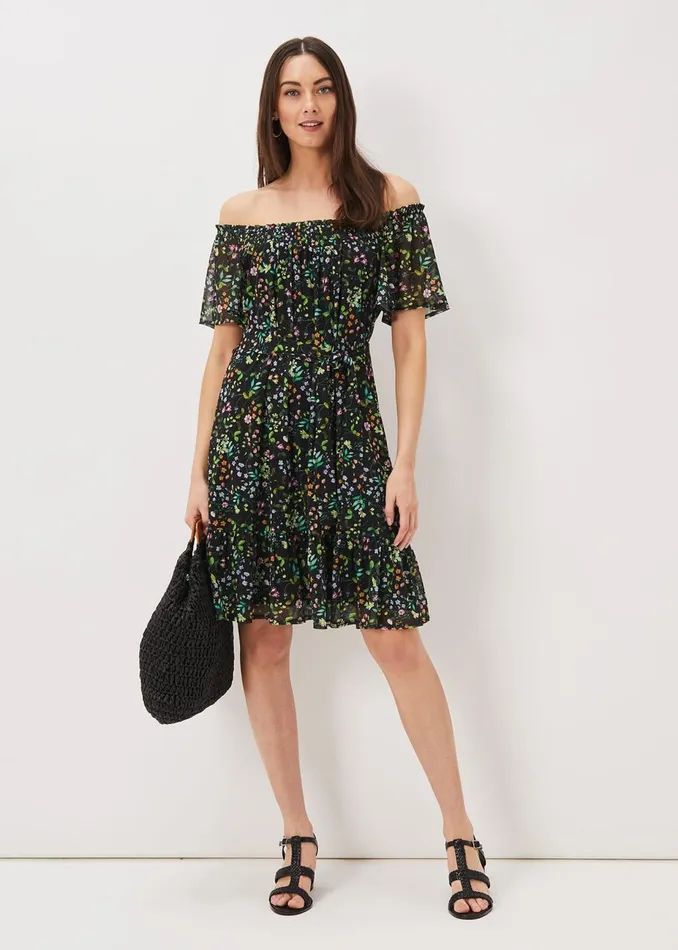 Women Phase Eight Day Dresses Zaylah Shirred Floral Mesh Dress Blackmulti