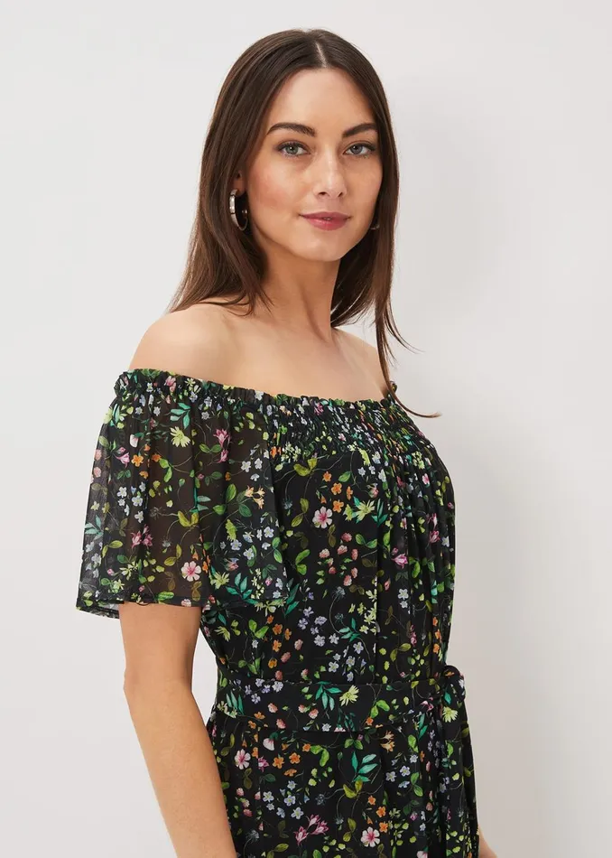 Women Phase Eight Day Dresses Zaylah Shirred Floral Mesh Dress Blackmulti