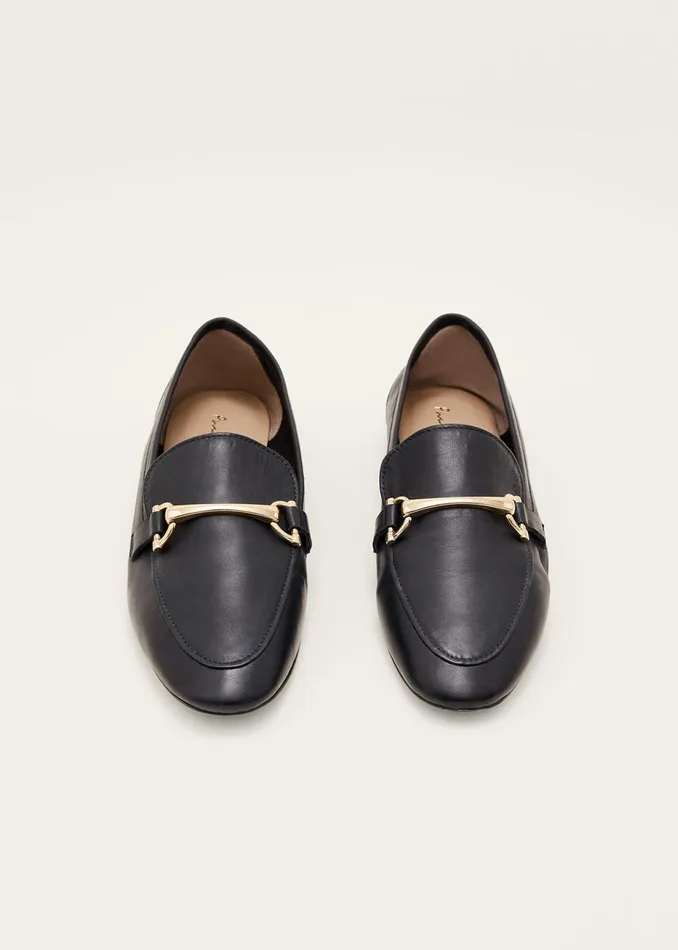 Women Phase Eight Flats TBar Leather Loafers Navy