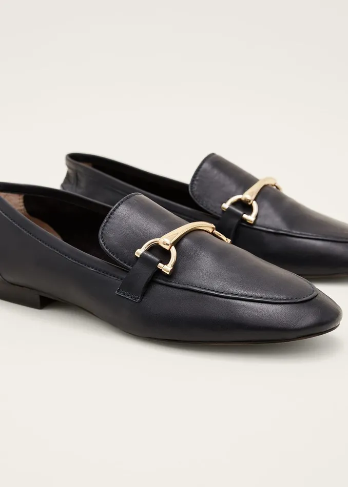 Women Phase Eight Flats TBar Leather Loafers Navy