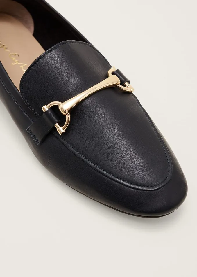 Women Phase Eight Flats TBar Leather Loafers Navy