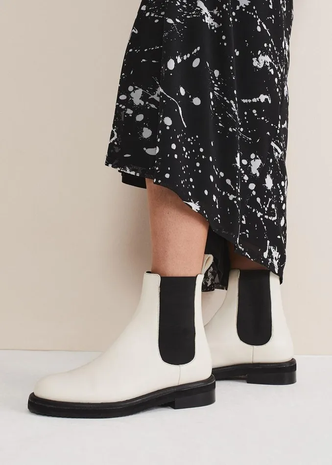 Women Phase Eight Heels Casual Leather Pull On Ankle Boots Cream