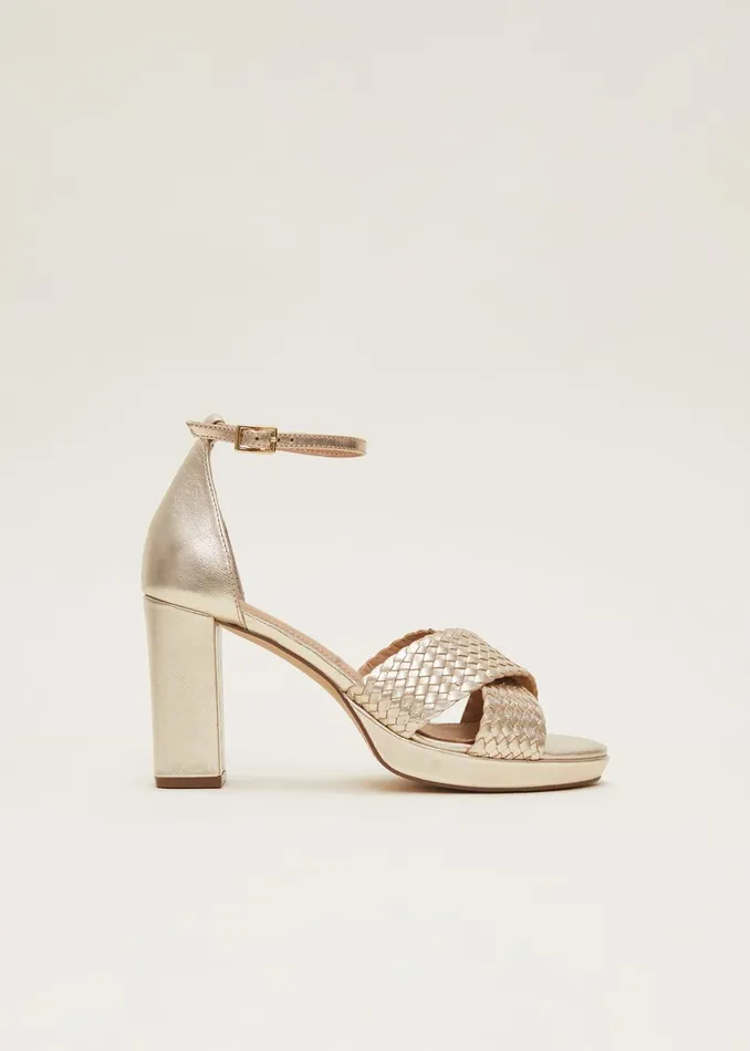 Women Phase Eight Heels Gold Leather Open Toe Heels Gold
