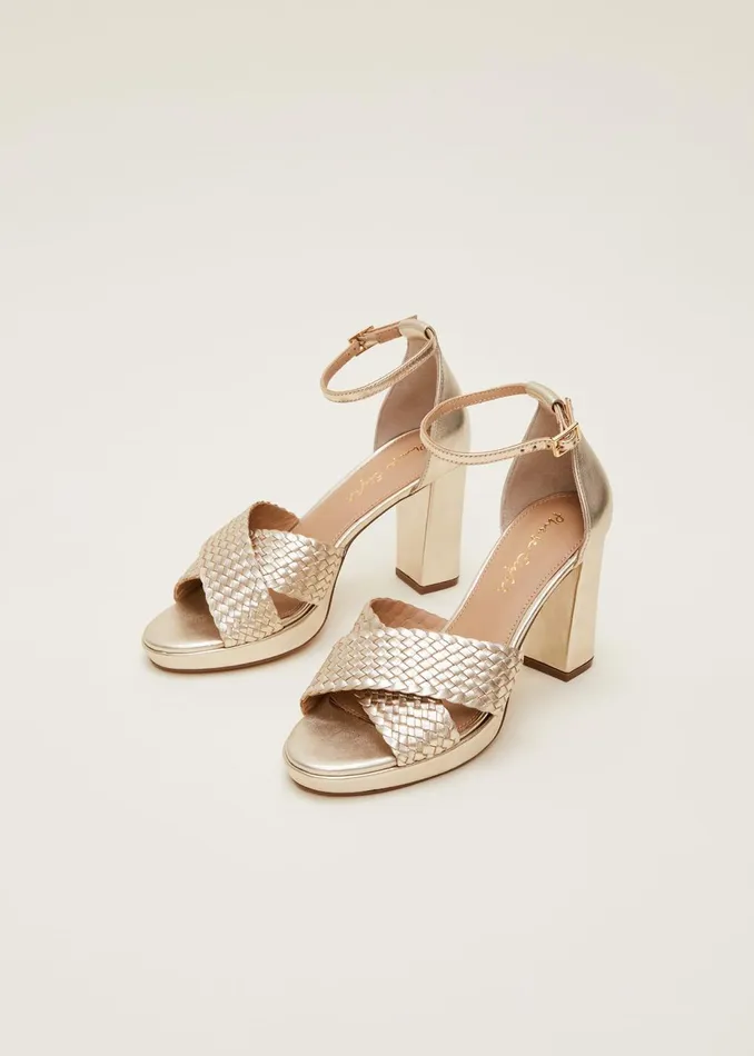 Women Phase Eight Heels Gold Leather Open Toe Heels Gold