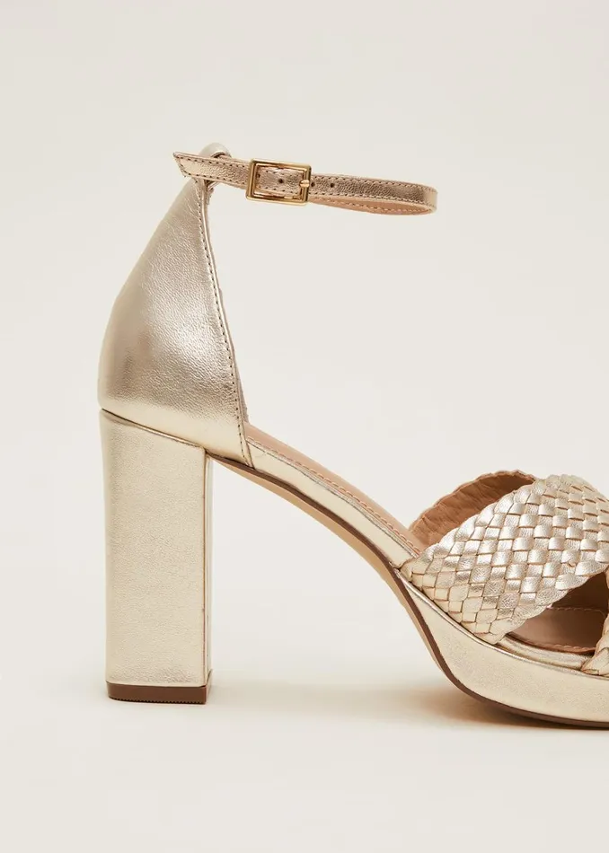 Women Phase Eight Heels Gold Leather Open Toe Heels Gold