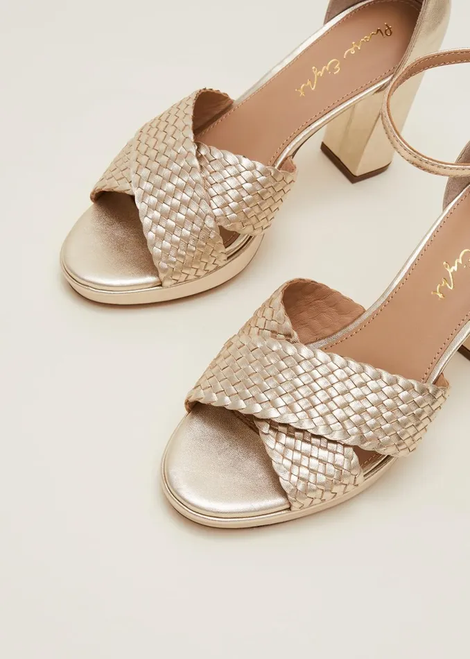 Women Phase Eight Heels Gold Leather Open Toe Heels Gold
