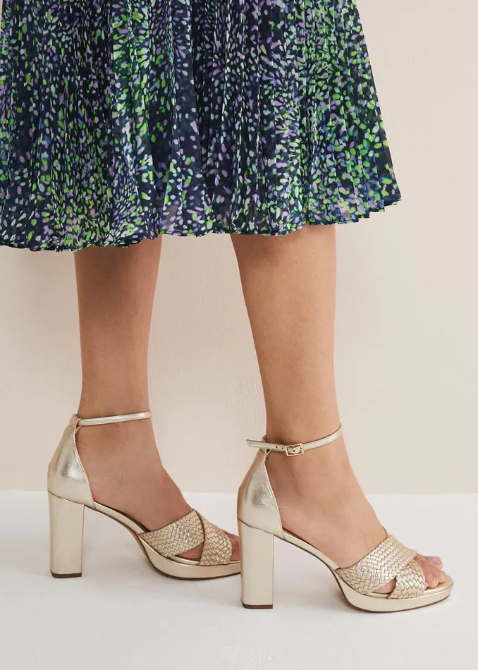 Women Phase Eight Heels Gold Leather Open Toe Heels Gold