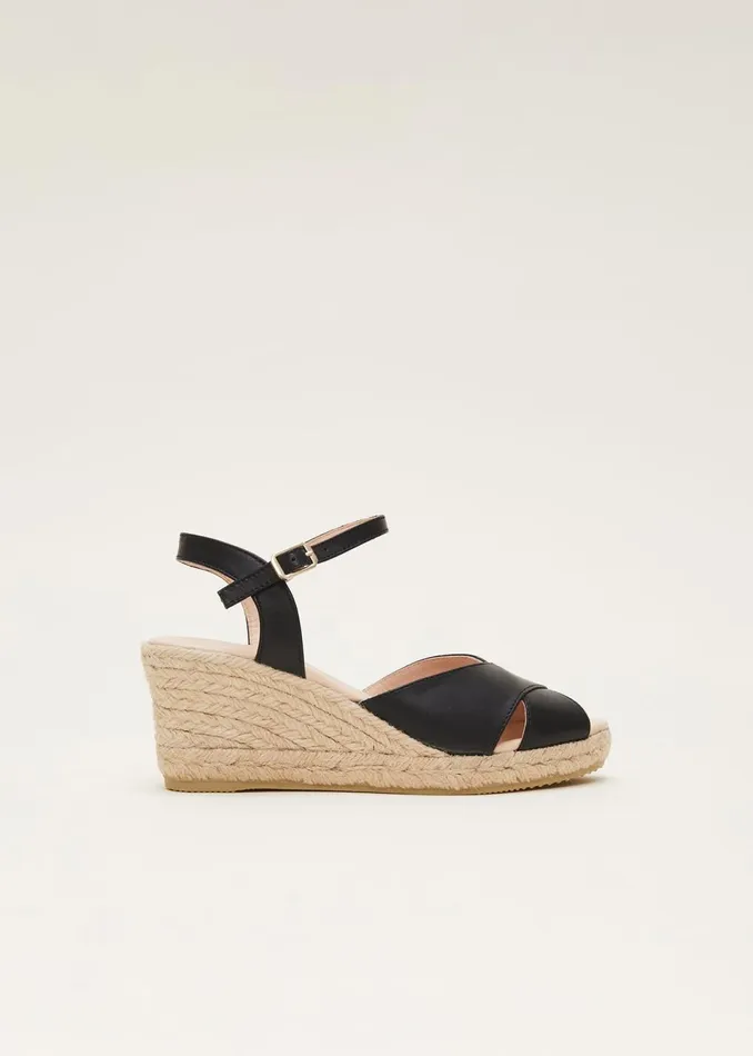 Women Phase Eight Heels Leather Cross Front Espadrilles Black
