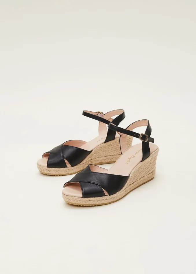Women Phase Eight Heels Leather Cross Front Espadrilles Black