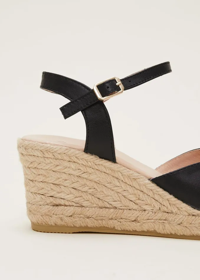 Women Phase Eight Heels Leather Cross Front Espadrilles Black
