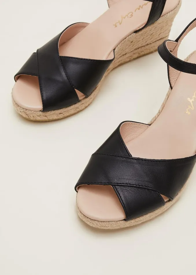 Women Phase Eight Heels Leather Cross Front Espadrilles Black