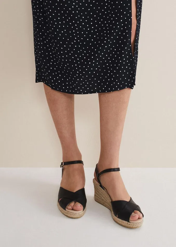 Women Phase Eight Heels Leather Cross Front Espadrilles Black