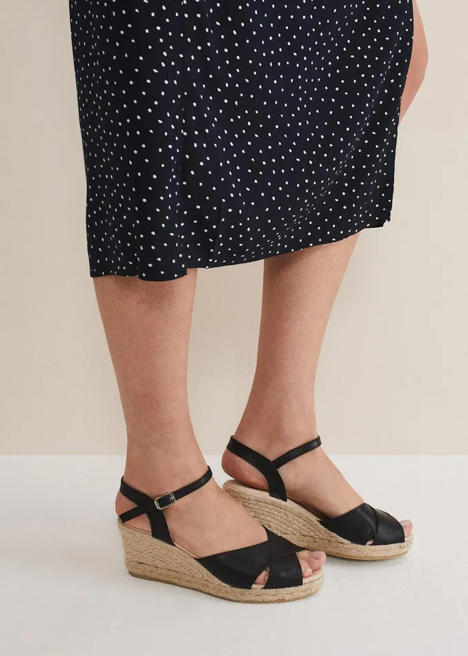 Women Phase Eight Heels Leather Cross Front Espadrilles Black