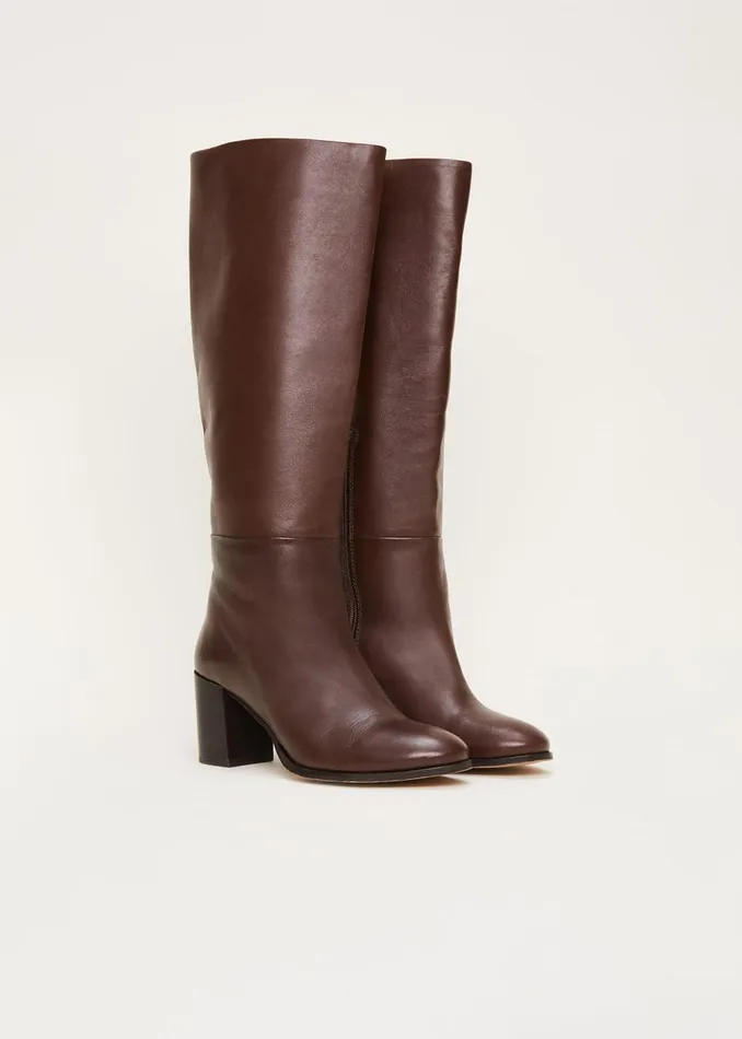 Women Phase Eight Heels Leather Knee High Boots Chocolate