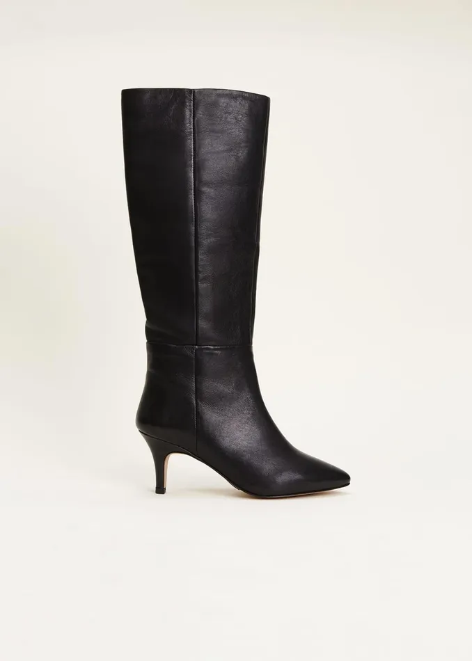 Women Phase Eight Heels Leather Panelled Knee High Boot Black