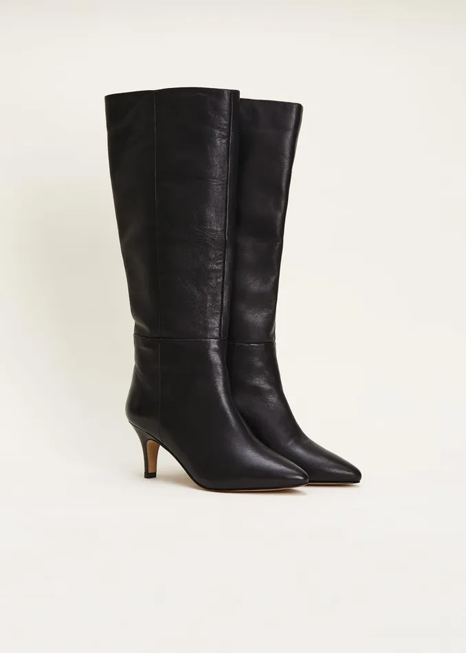 Women Phase Eight Heels Leather Panelled Knee High Boot Black