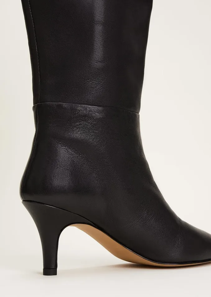 Women Phase Eight Heels Leather Panelled Knee High Boot Black