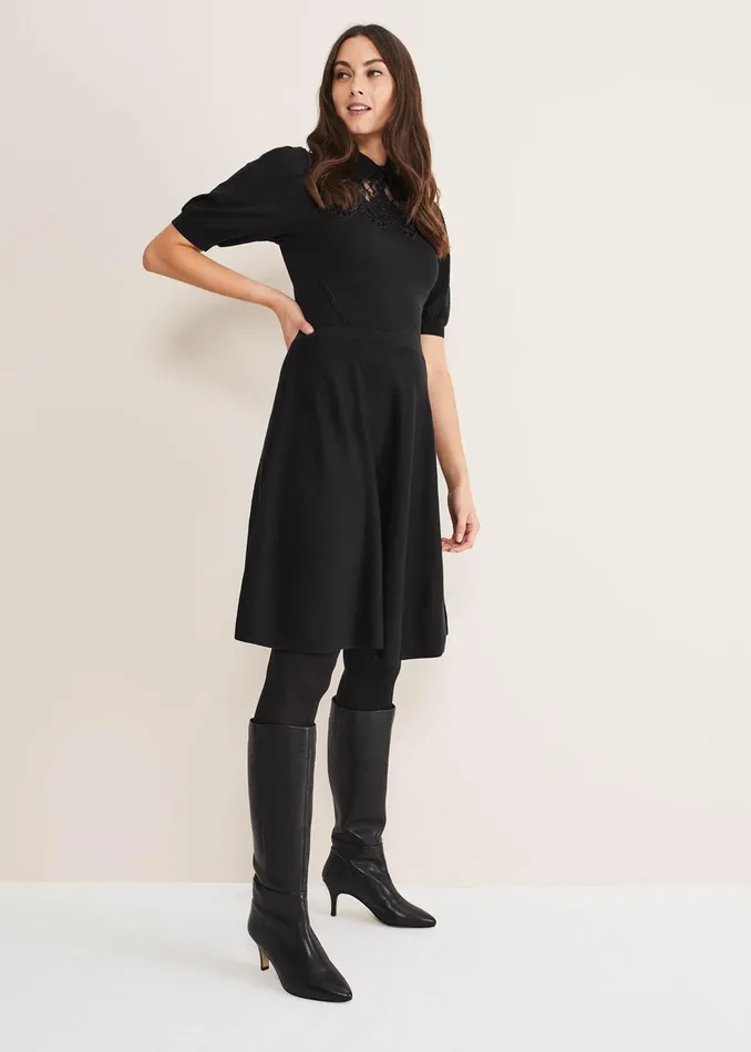 Women Phase Eight Heels Leather Panelled Knee High Boot Black
