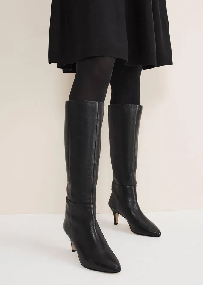 Women Phase Eight Heels Leather Panelled Knee High Boot Black