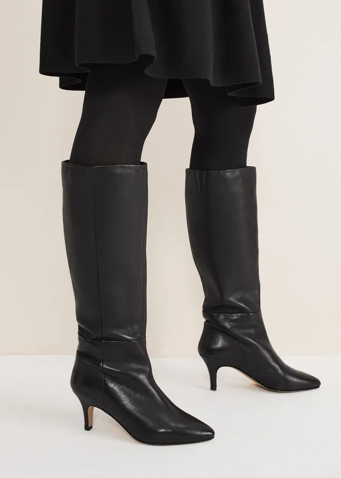 Women Phase Eight Heels Leather Panelled Knee High Boot Black