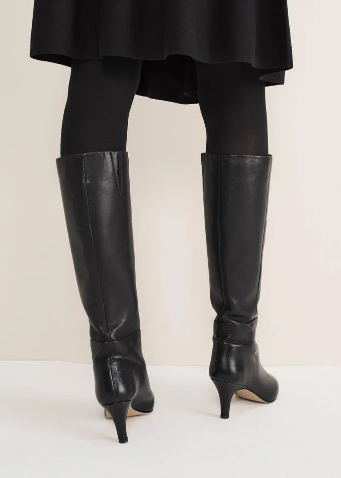 Women Phase Eight Heels Leather Panelled Knee High Boot Black