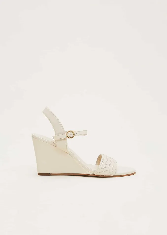 Women Phase Eight Heels Leather Plait Strap Wedge Shoe Ivory