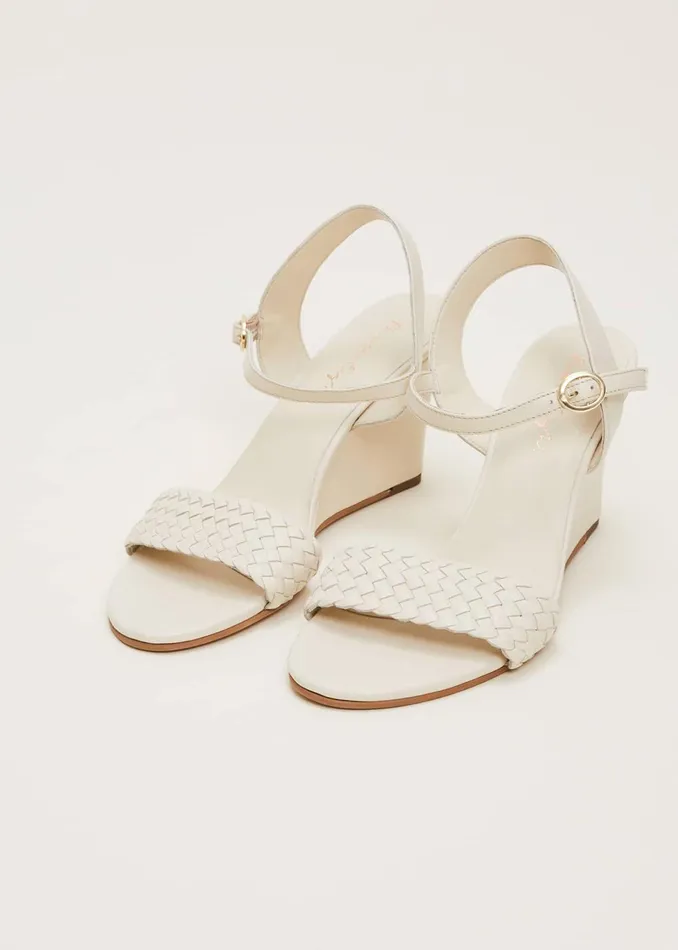 Women Phase Eight Heels Leather Plait Strap Wedge Shoe Ivory