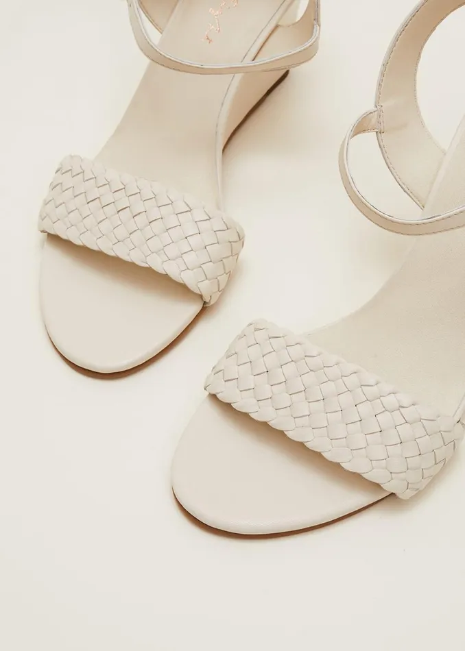 Women Phase Eight Heels Leather Plait Strap Wedge Shoe Ivory