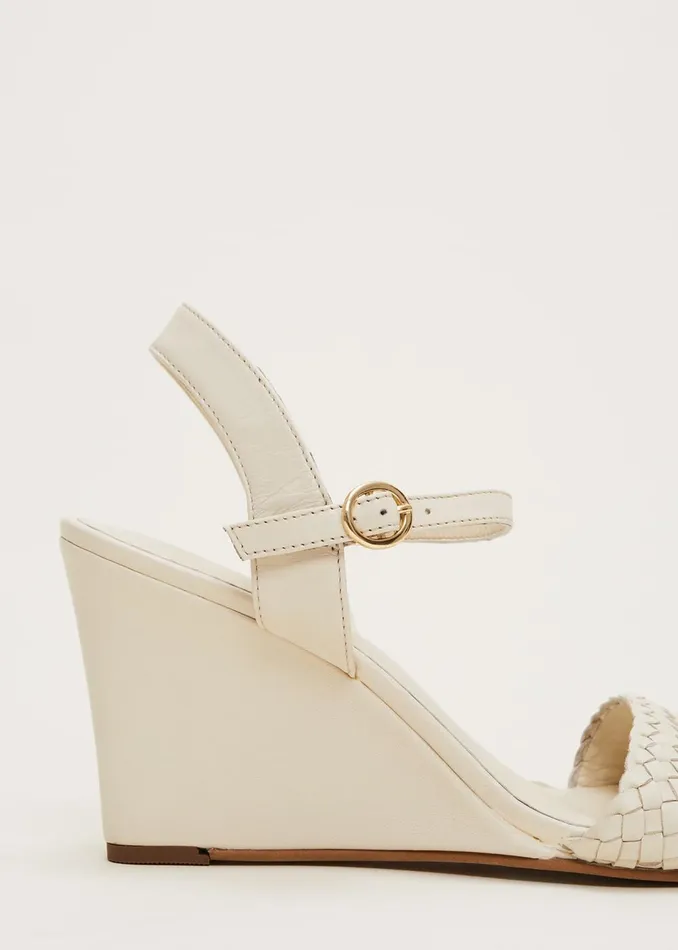 Women Phase Eight Heels Leather Plait Strap Wedge Shoe Ivory