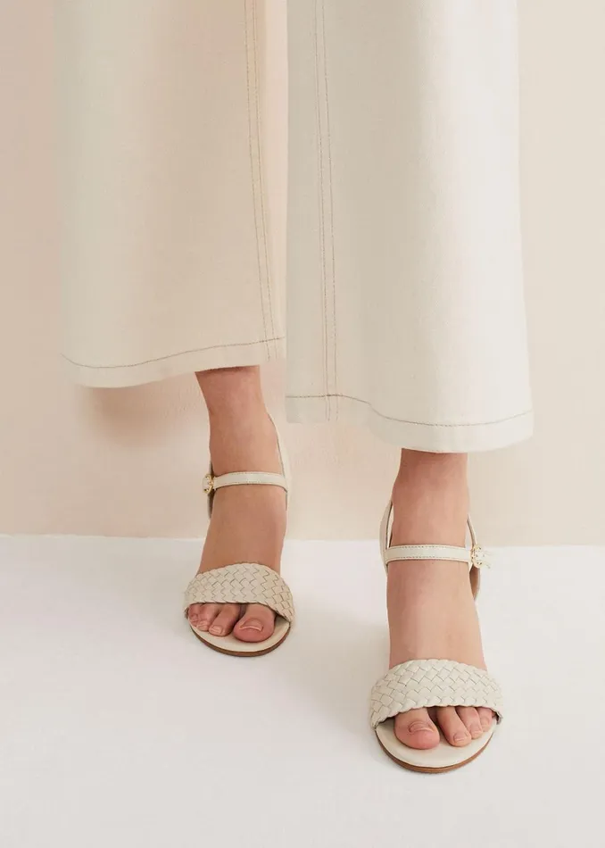 Women Phase Eight Heels Leather Plait Strap Wedge Shoe Ivory