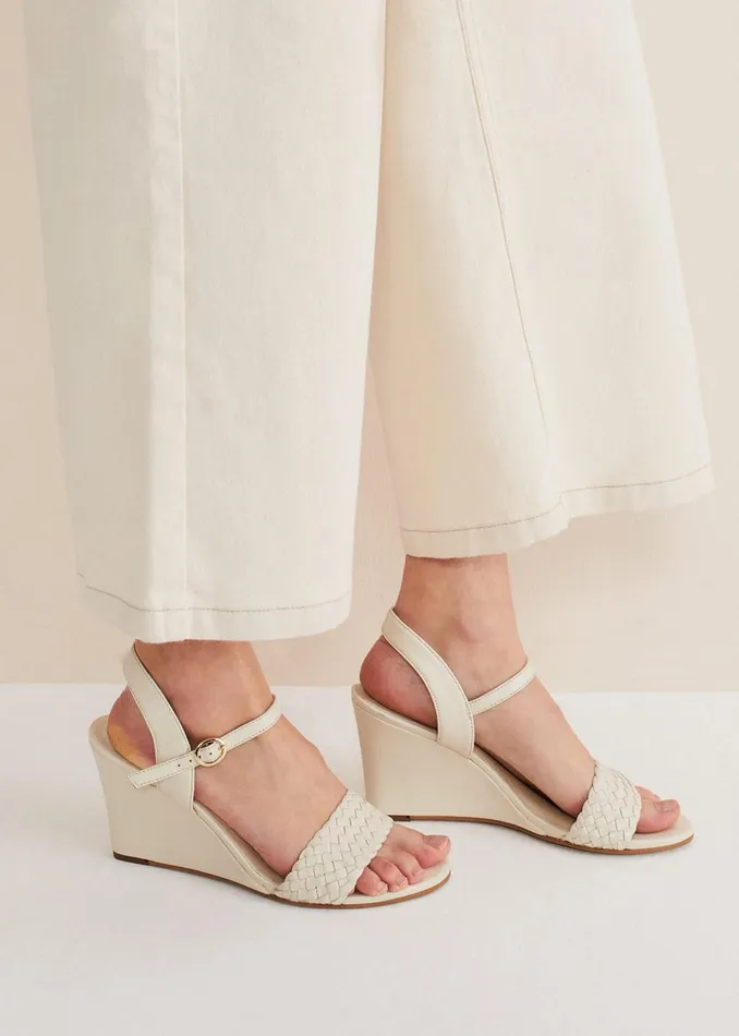 Women Phase Eight Heels Leather Plait Strap Wedge Shoe Ivory