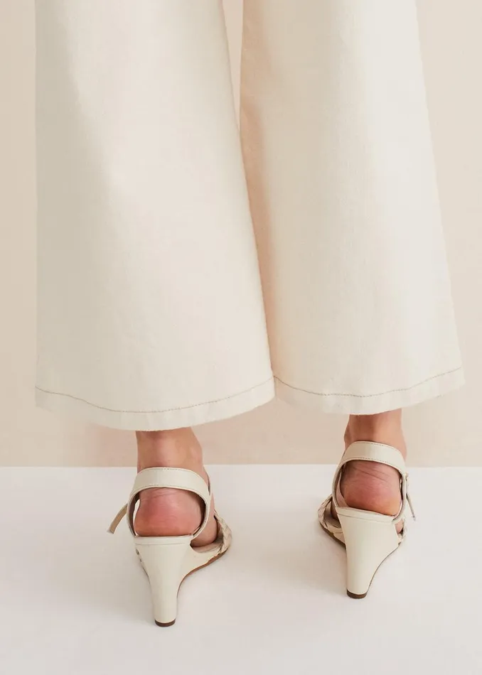 Women Phase Eight Heels Leather Plait Strap Wedge Shoe Ivory