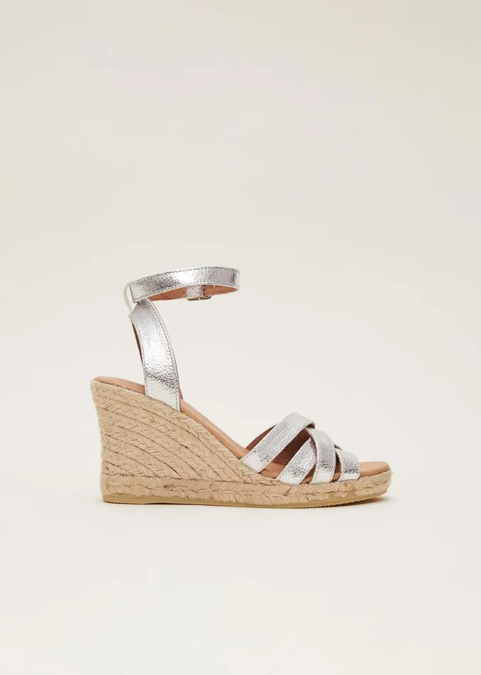Women Phase Eight Heels Leather Strappy Espadrilles Silver