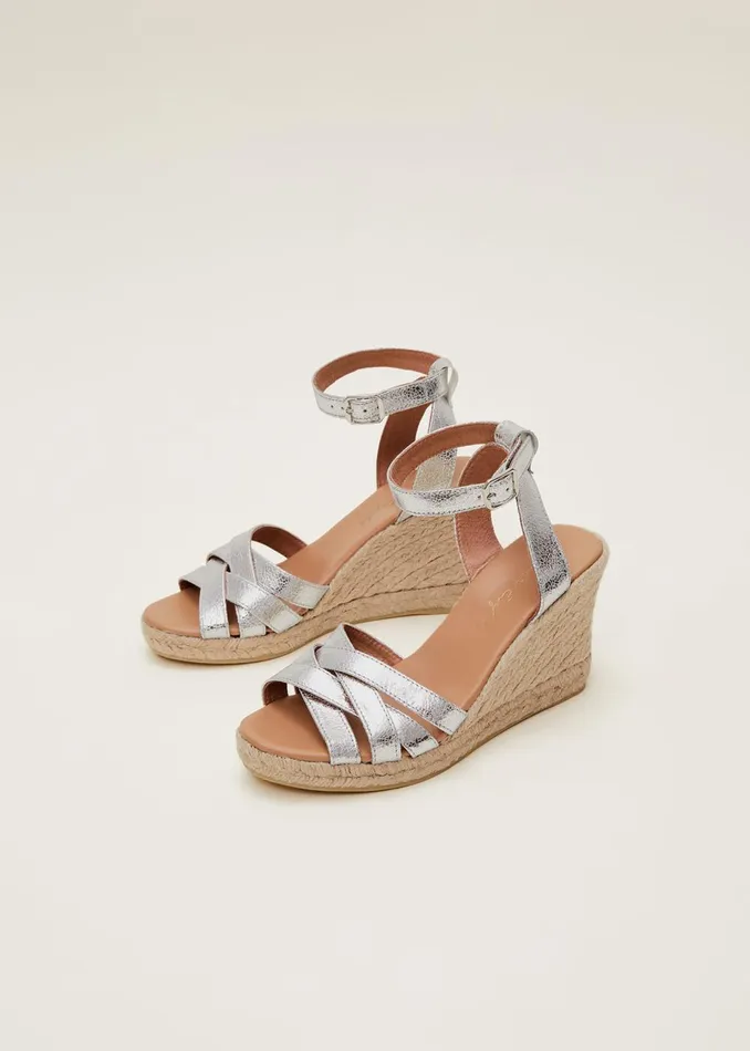 Women Phase Eight Heels Leather Strappy Espadrilles Silver