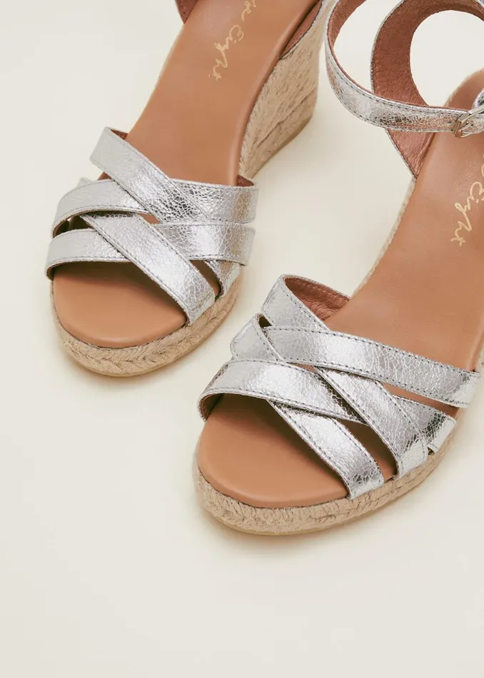 Women Phase Eight Heels Leather Strappy Espadrilles Silver
