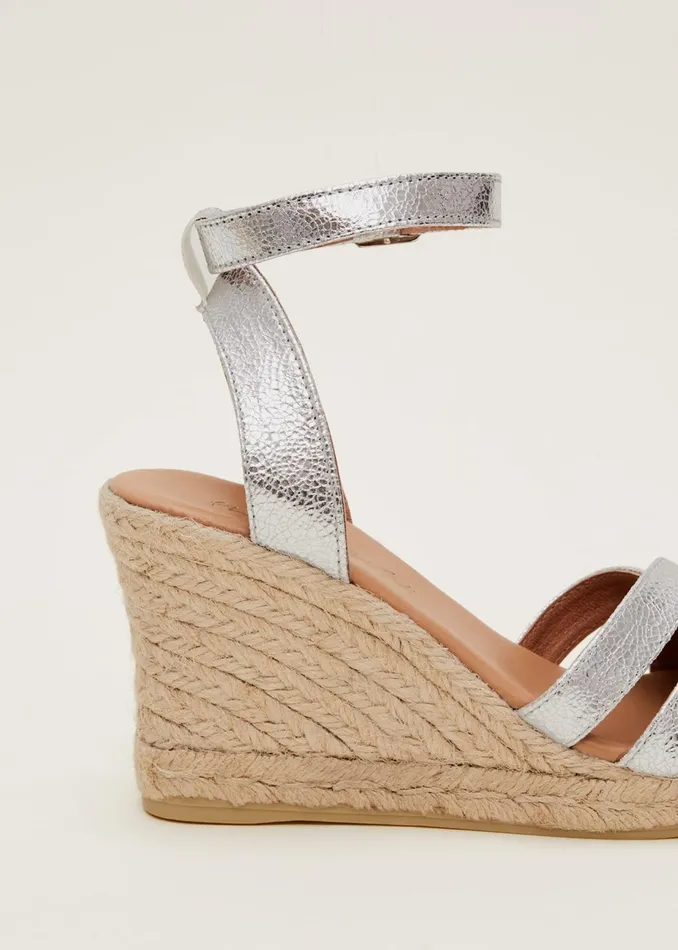 Women Phase Eight Heels Leather Strappy Espadrilles Silver