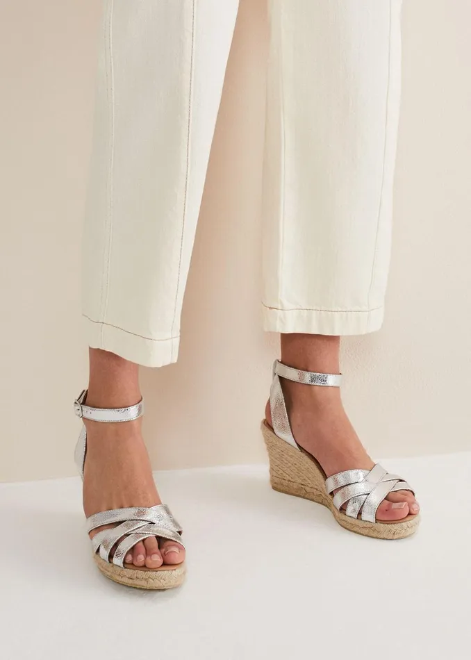 Women Phase Eight Heels Leather Strappy Espadrilles Silver