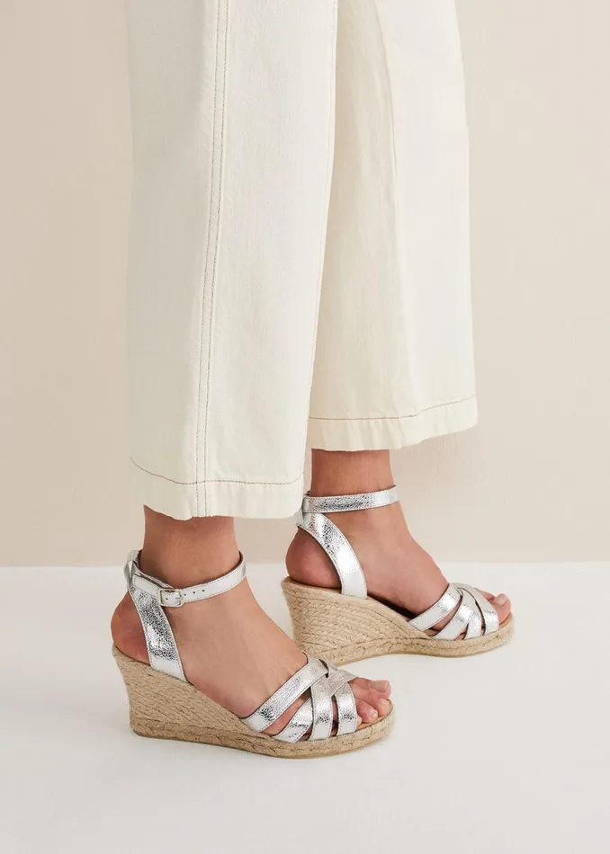 Women Phase Eight Heels Leather Strappy Espadrilles Silver