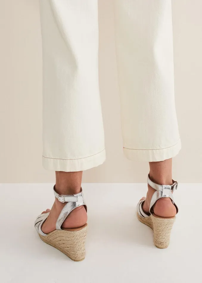 Women Phase Eight Heels Leather Strappy Espadrilles Silver