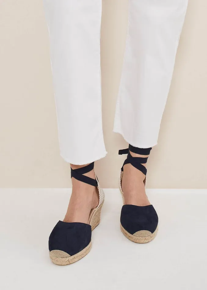 Women Phase Eight Heels Suede Ankle Tie Espadrille Shoe Navy