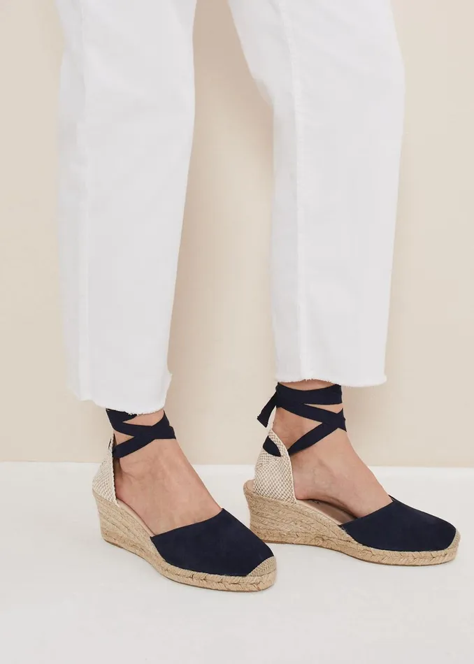 Women Phase Eight Heels Suede Ankle Tie Espadrille Shoe Navy